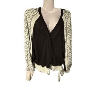 Free People Wrap Style Long Sleeve Top | Black & Ivory Floral | Size M